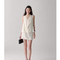 法式气质无袖高级感上衣荡领半身裙套装背心夏季新款短裙两件套