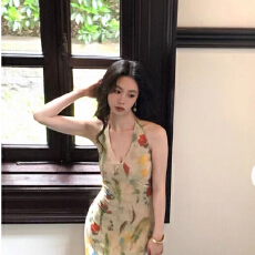 批发复古网纱印花挂脖<b class='q'>连衣裙</b>度假战裙女夏季新款气质长裙