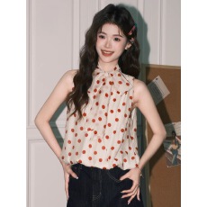 批发法式超好看红色波点雪纺挂脖背心女夏季独特系带设计<b class='q'>无袖</b>小衫上衣