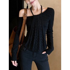 批发黑色烫钻挂脖斜肩长袖T恤女<b class='q'>春</b>季绝美巨好看的打底衫内搭修身上衣