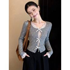 批发法式绝美蝴蝶结蕾丝拼接波点打底衫女内搭修身假两件长袖上衣秋冬