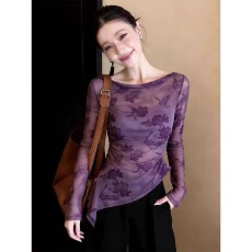 批发大码女装轻熟感气质复古一字肩网纱上衣女夏季修身显瘦防晒蕾丝衫