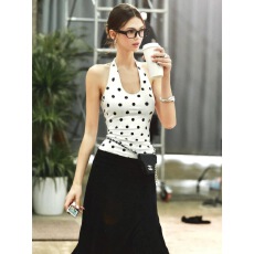 批发美式复古黑白波点挂脖背心女夏辣妹修身显瘦基础<b class='q'>百搭</b>撞色吊带上衣
