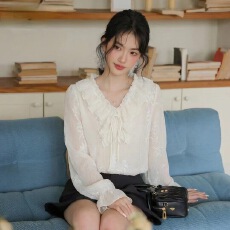 批发V领2026春季新款女荷叶边<b class='q'>喇叭袖</b>设计感<b class='q'>雪纺衫女</b>宽松刺绣高级上衣