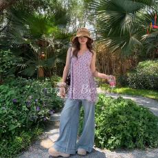 批发<b class='q'>森女</b>简约夏季无袖连衣裙夏季法式新款碎花甜美紫色短款叠穿裙子