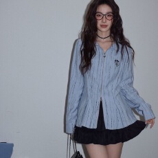 批发大码女装美式复古条纹双头拉链蓝色春季<b class='q'>衬衫</b>街头宽松设计<b class='q'>长袖</b>上衣