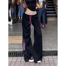 批发美式高街辣妹高腰夏季休闲裤宽松显瘦潮流<b class='q'>百搭</b>粉色字母印花直筒裤