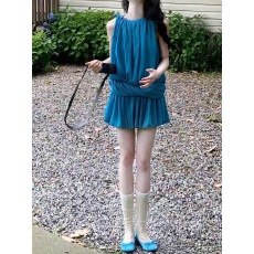 批发高级感气质无袖雪纺孔雀蓝褶皱不规则<b class='q'>连衣裙</b>女2026夏季辣妹显瘦