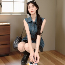 批发港风复古无袖<b class='q'>牛仔</b><b class='q'>衬衫</b>女装夏季气质高级感休闲马甲上衣收腰小外套