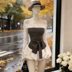 批发人棉260克设计感一字肩蕾丝拼接<b class='q'>连衣裙</b>女收腰修身短裙气质裙套装