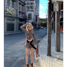 批发美式复古条纹<b class='q'>开衫</b>连帽<b class='q'>卫衣</b>女辣妹时髦气质显瘦设计感半身裙套装