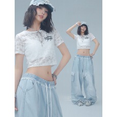 批发街舞<b class='q'>潮牌</b>夏季蕾丝微透高弹辣妹短袖透气爵士跳舞内搭上衣女