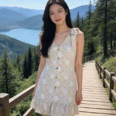 批发法式浪漫黄色<b class='q'>蝴蝶结</b>提花吊带<b class='q'>连衣裙</b>女夏季茶歇收腰显瘦绝美短裙子