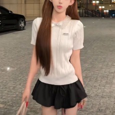 批发套装学院风娃娃领重工钉珠镂空针织衫短袖上衣<b class='q'>蓬蓬</b>裙