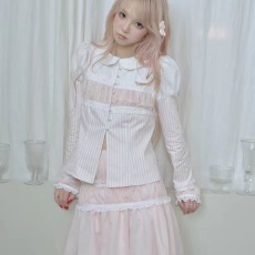 批发粉色长袖新款<b class='q'>波点</b>拼接条纹设计甜美减龄娃娃<b class='q'>衬衣</b><b class='q'>衬衫</b>蕾丝上衣