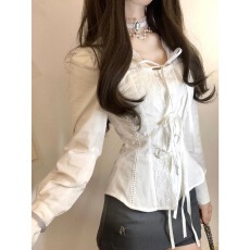 批发韩系白衬衫秋款花边设计感辣妹收腰衬衣<b class='q'>显瘦</b>内搭上衣