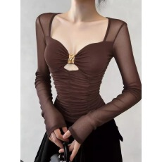 批发春季修身<b class='q'>显瘦</b>美式复古网纱拼接方领辣妹性感绝美打底衫女内搭上衣