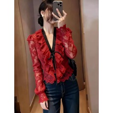 批发复古红色V领蕾丝荷叶边<b class='q'>长袖</b><b class='q'>衬衫</b>女春季设计感小众高级感别致上衣