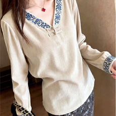 批发春秋季新款时尚高级复古文艺套头v领绣花盘扣<b class='q'>显瘦</b>轻奢<b class='q'>衬衫</b>上衣女