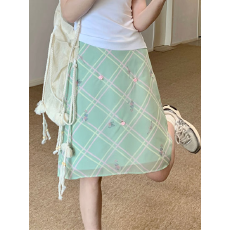 批发夏季薄荷曼波绿色格子碎花高腰半身裙<b class='q'>清新</b>甜美学院风气质a字中裙