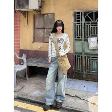 批发轻亚风星星满印V领长袖T恤女装秋季新款时尚设计修身显瘦百搭上衣