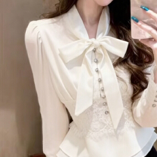 批发蕾丝边系带气质<b class='q'>长袖</b><b class='q'>衬衫</b>女2026春秋新款轻奢时尚<b class='q'>衬衣</b>收腰短款上衣