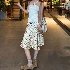 批发多巴胺醋酸迷幻波点双层斜裁半身裙度假风休闲百搭中长裙