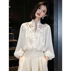 批发复古蕾丝镂空刺绣灯笼袖白衬衫女2026春季设计感洋气减龄显瘦上衣