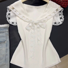 批发纯欲风海军领蕾丝边背心女夏季新款甜辣妹蝴蝶结收腰短款<b class='q'>孕妇</b><b class='q'>上衣</b>