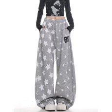批发美式复古星星印花<b class='q'>运动</b>休闲裤女春季新款宽松显瘦<b class='q'>百搭</b>直筒阔腿卫裤