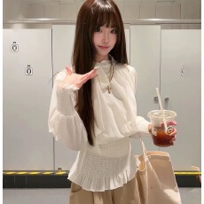 批发纯欲风白色<b class='q'>立领</b>系带雪纺衫女2026春季新款收腰显瘦荷叶边洋气小衫