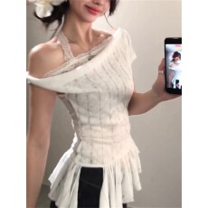 批发<b class='q'>白色</b>蕾丝挂脖斜肩短袖上衣女 夏季纯欲风不规则荷叶边收腰显瘦T恤