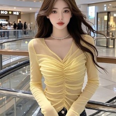 批发黄色V领多层褶皱网纱设计短款<b class='q'>上衣</b>秋冬法式名媛千金高端时尚<b class='q'>衬衫</b>