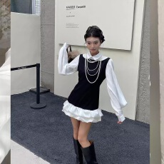 批发千金风假两件拼接<b class='q'>连衣裙</b>女2026春新款黑白撞色精致穿搭显瘦花苞裙