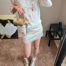 批发2026春夏新款韩系气质光泽感印花蕾丝边半身裙女百搭小众包臀短裙