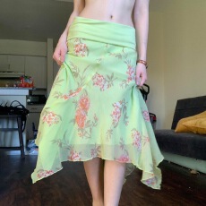 批发度假风小清新印花网纱翻腰半身裙甜美小仙女不规则鱼尾裙