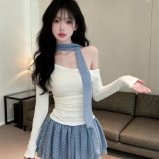 批发春上新轻氧少女长袖斜肩气质百搭上衣T恤+波点半裙+飘带三件套女