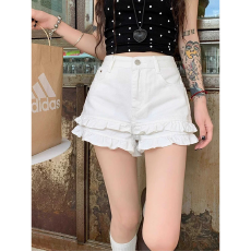 批发美式白色木耳边a字牛牛仔短裤夏季新款高腰宽松显瘦百搭遮肉热裤