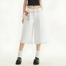 批发Y美式荷叶边白色牛仔七分短裤宽松设计感时尚夏季透气牛仔裤