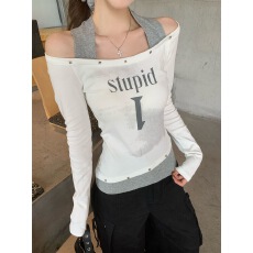 批发挂脖字母假两件一字肩<b class='q'>长袖</b>T恤女秋冬季新款露肩<b class='q'>打底衫</b>内搭上衣潮