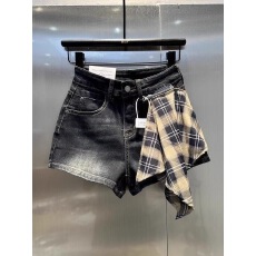 批发2026秋季新款设计感格子拼接牛仔短裤女辣妹修身显瘦