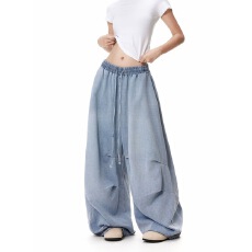 批发美式街头褶皱<b class='q'>松紧</b>腰设计阔腿<b class='q'>牛仔裤</b>男女宽松休闲hiphop垂感裤子潮