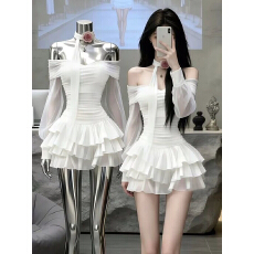 批发白色一字肩荷叶边长袖连衣裙女秋<b class='q'>冬</b>新款公主风宴会礼服蛋糕蓬蓬裙