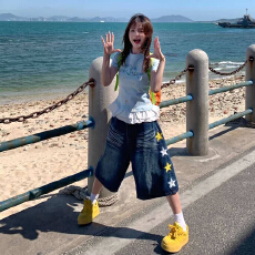 批发美式复古星星刺绣水洗<b class='q'>牛仔</b>七分裤<b class='q'>男</b>女宽松直筒休闲阔腿百搭<b class='q'>短裤</b>潮