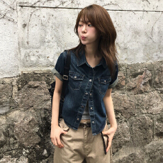 批发复古牛仔口袋短袖衬衫女2026夏季美式休闲宽松显瘦<b class='q'>百搭</b>短款上衣潮