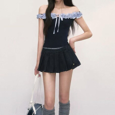 批发美式一字肩上衣高级感法式绝美锁骨短袖2026新款小个子修身上衣