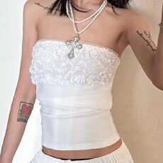 批发轻熟曼调哈哈哈重工 白色亮片拼接抹胸上衣女性感露肩