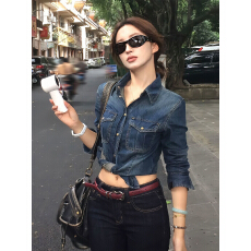 批发美式复古牛仔衬衫女早秋收腰长袖衬衣显瘦气质上衣潮