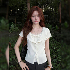 批发新款<b class='q'>甜美</b>少女风白色V领短袖T恤女夏季系带假两件收腰显瘦百搭上衣