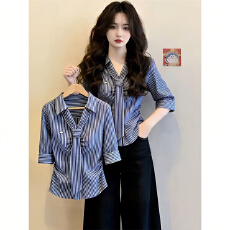 批发韩系职场风藏青条纹蝴蝶结衬衫女夏季<b class='q'>新款</b>小个子显瘦百搭气质衬衣
